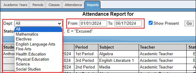 Attendance Report filters