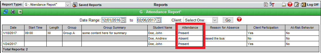 Example of Reportable Group Notes interface