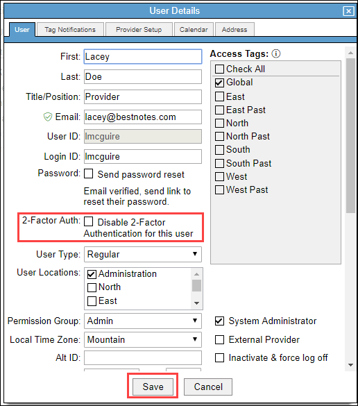 User Details box with 2-Factor Auth checkbox