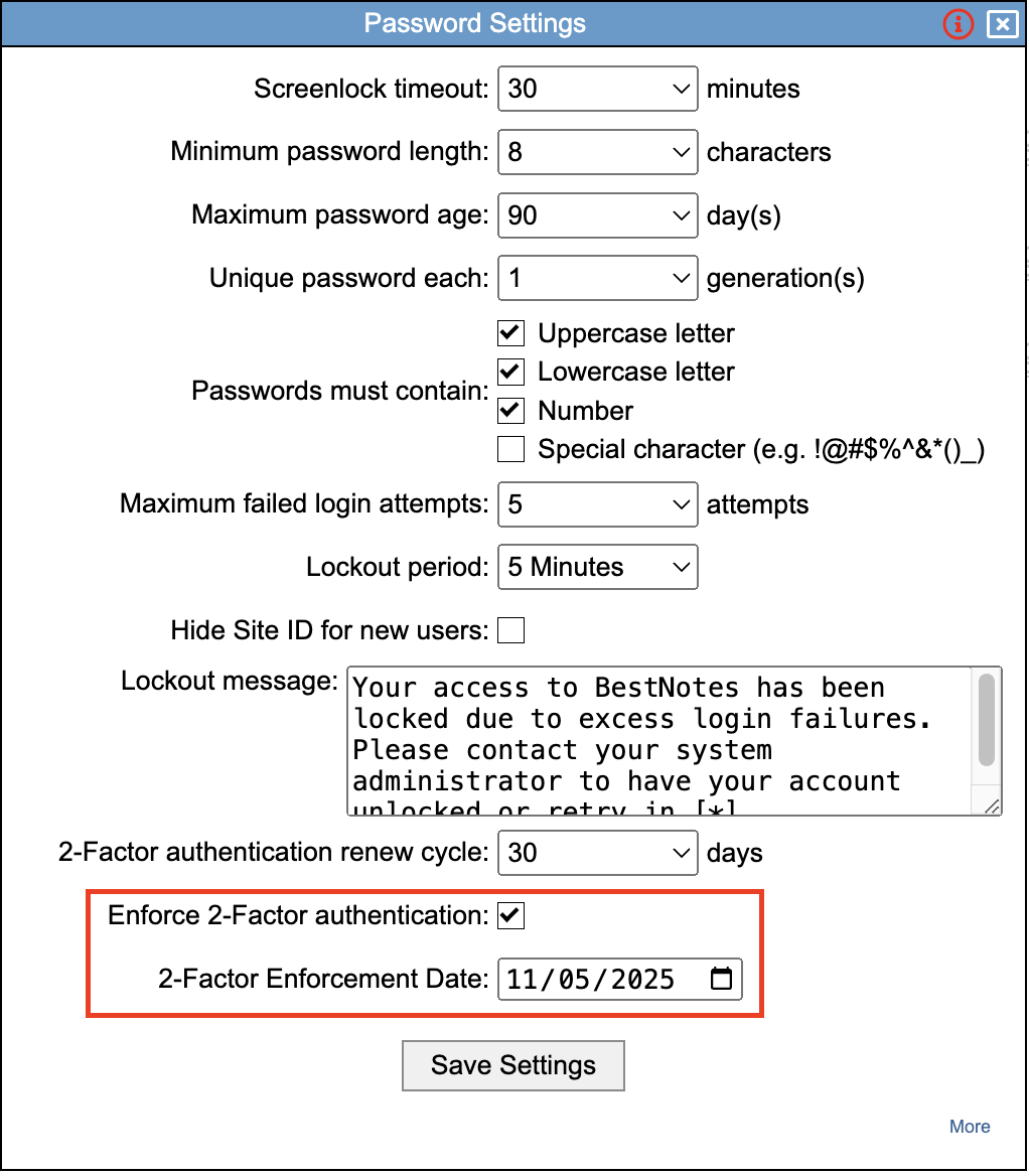 Password Settings screen showing 2-Factor Authentication options