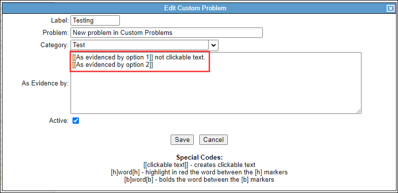 Screenshot demonstrating special codes for custom problems.