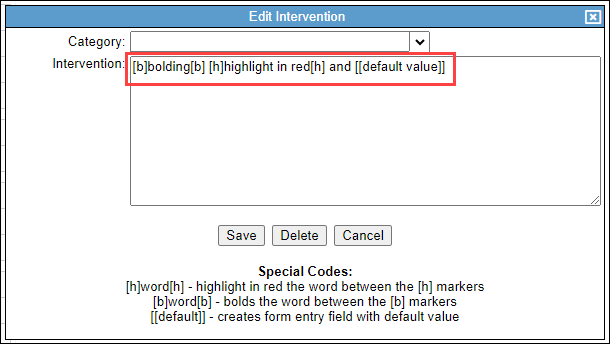 Screenshot demonstrating special codes for goals, objectives, and interventions.