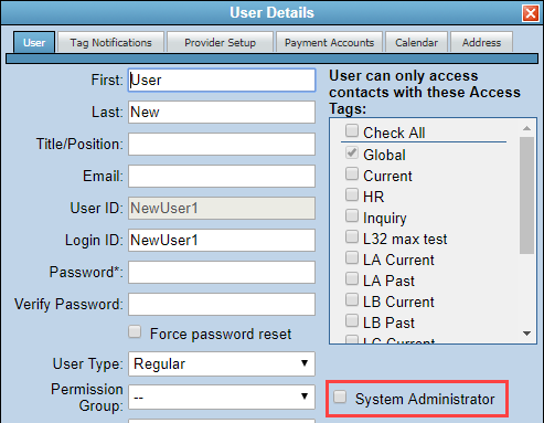 Figure 1-2. System Administrator Checkbox.