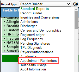 Screenshot showing 'Appointment Reminders' selected in the Report Type dropdown