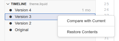 Right-clicking a version in the file's Timeline panel shows options to Compare or Restore
