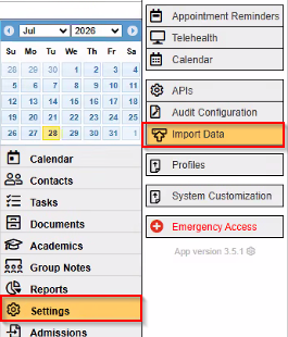 Screenshot showing navigation to Import Data