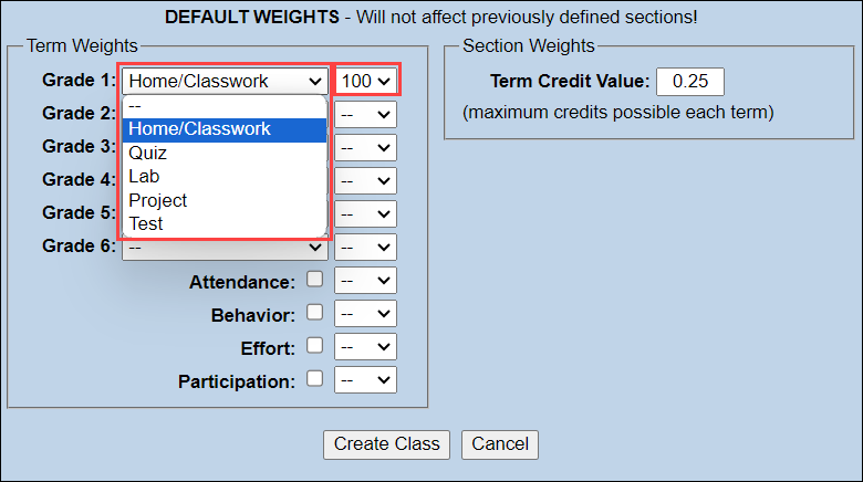 Grade weights settings