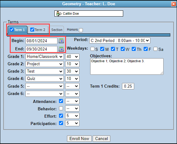 Select Terms and verify dates