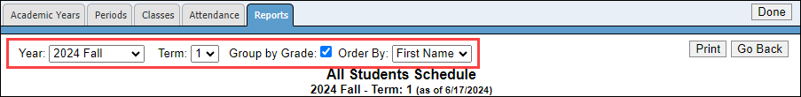 All Student Schedule filters and options