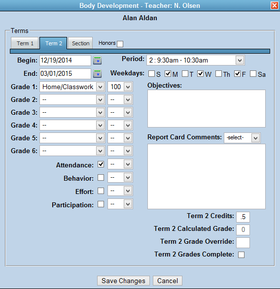 Screenshot of the student section editing interface.