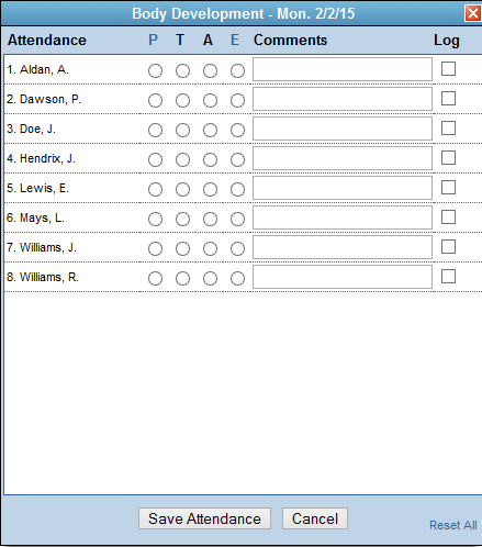 Screenshot of the attendance marking window.