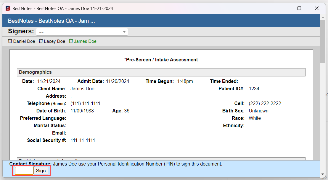 Client signs document with PIN