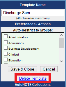 Delete Template button highlight