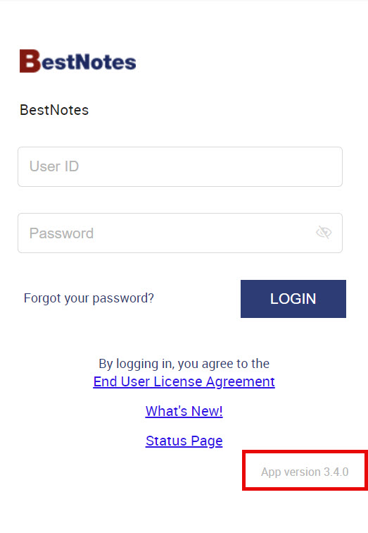BestNotes Login page showing app version.