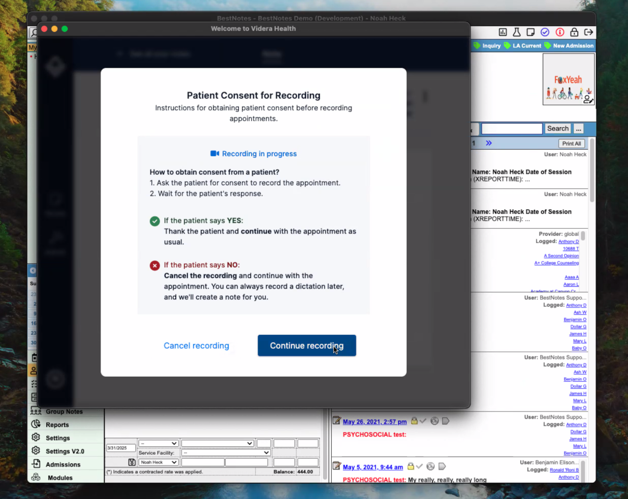 Videra Sidekick consent reminder pop-up.