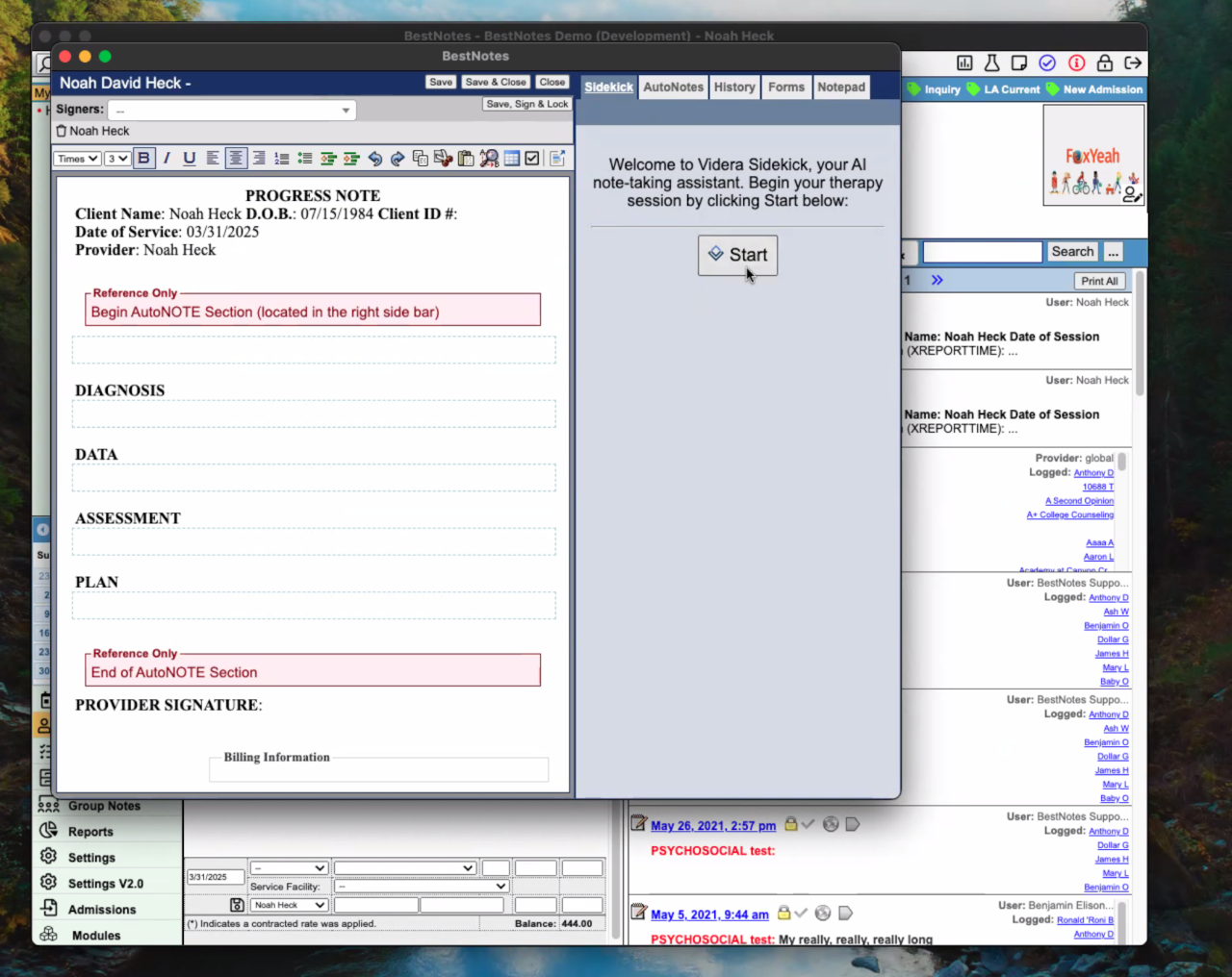 BestNotes progress note showing Videra Sidekick tab.