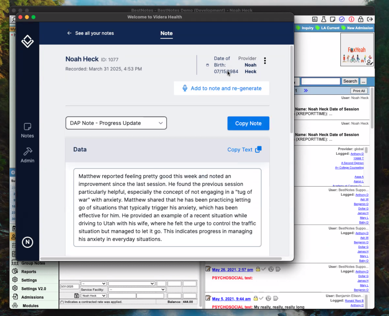 Videra Sidekick interface showing editable fields for note generation.