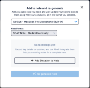 Videra Sidekick 'Add Dictation to Note' dialog with microphone and format options.