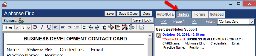 History tab in a template