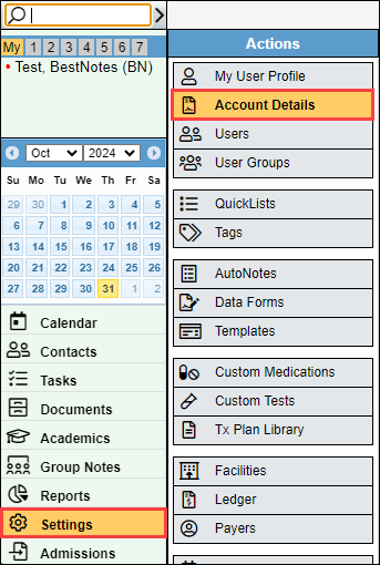 Screenshot showing 'Settings' and 'Account Details' selected.