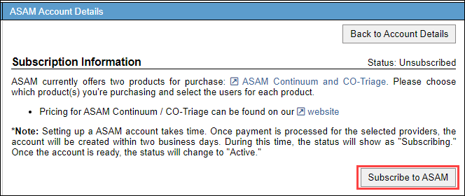 Screenshot of the 'Subscription Information' section with 'Subscribe to ASAM' button.