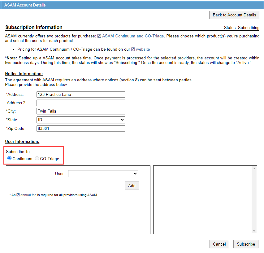 Screenshot showing options to select 'Continuum' or 'CO-Triage'.