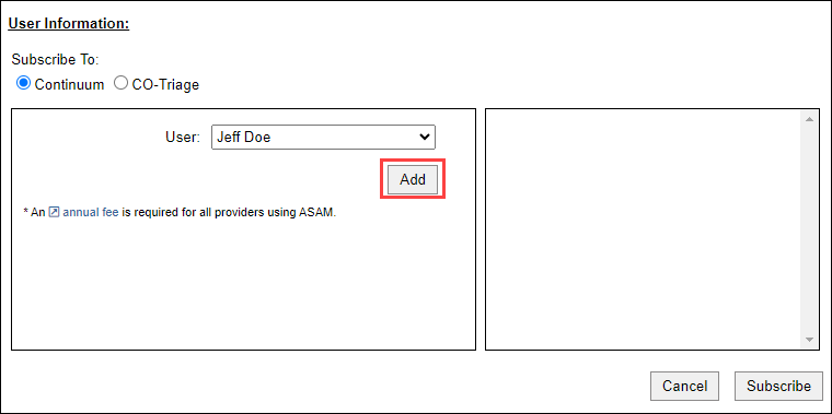Screenshot showing a user selected and the 'Add' button.