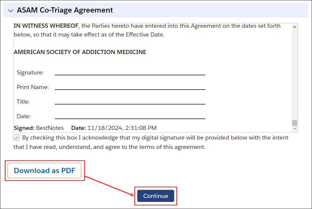 Screenshot showing 'Download as PDF' and 'Continue' buttons.