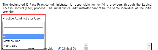 DrFirst Practice Administrator User dropdown