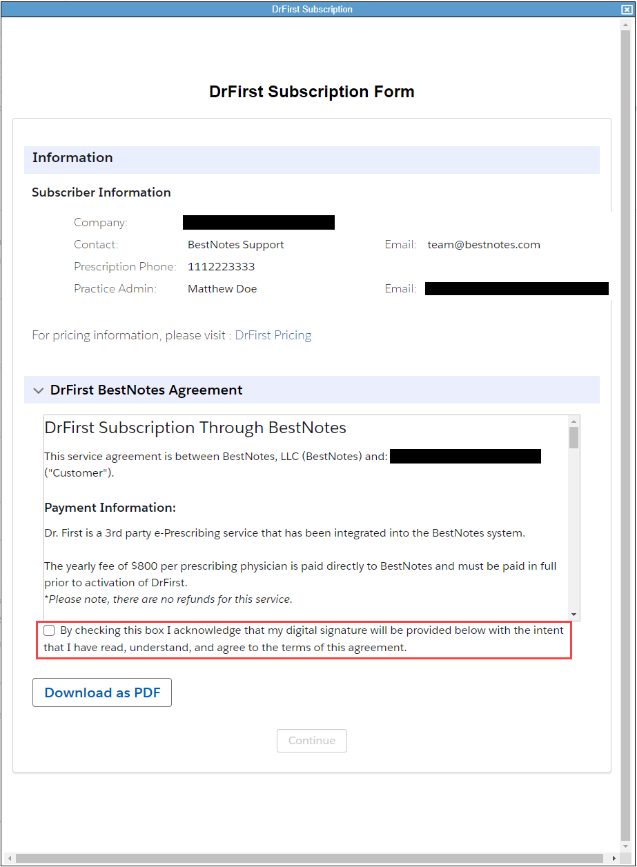 DrFirst BestNotes Agreement with signature checkbox