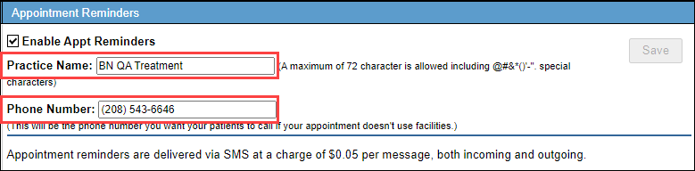 Screenshot showing fields for Practice Name and Phone Number