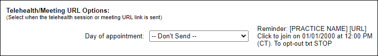 Screenshot showing Telehealth/Meeting URL link options