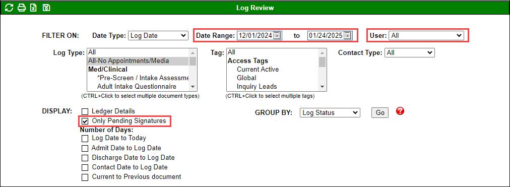 Log Review report filters