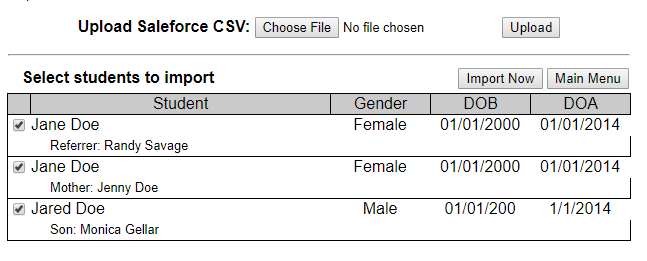 Checkboxes for patient selection