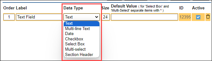 Screenshot showing the Data Type dropdown menu with options