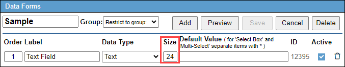 Screenshot showing the Size field for Text and Multi-line Text data types