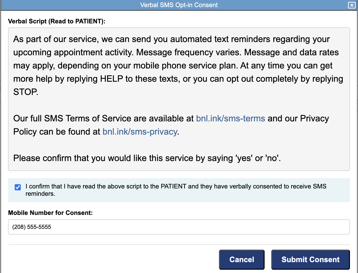 Verbal opt-in modal window