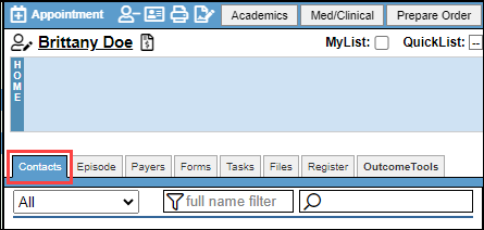 Screenshot showing navigation to the Contacts area