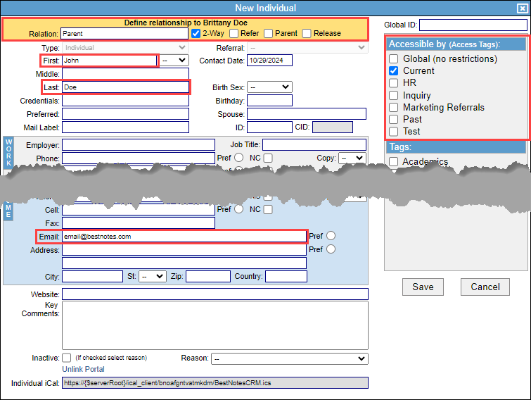Screenshot showing required fields for a new contact