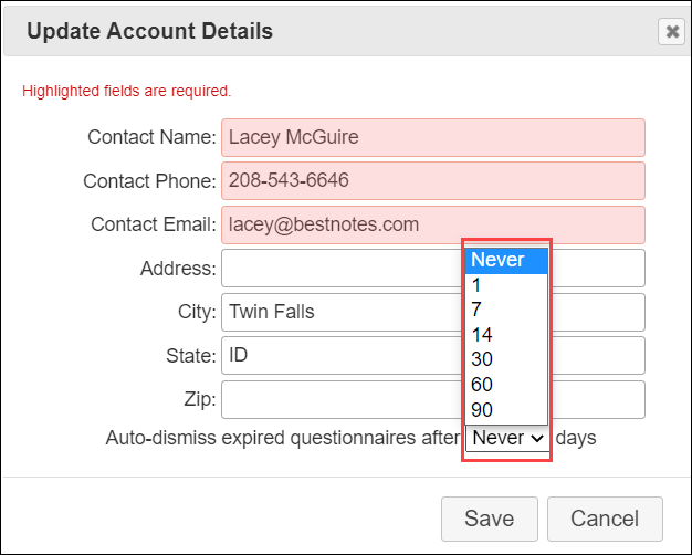 Account Settings edit screen for auto-dismiss