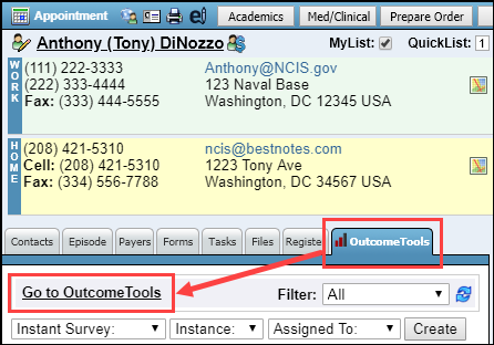 OutcomeTools tab in BestNotes