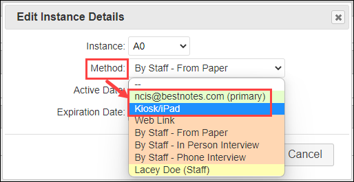Email or Kiosk iPad delivery method selected