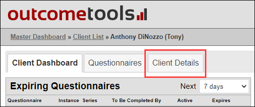 Screenshot showing Client Details tab
