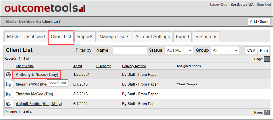 Screenshot showing Client List tab and selected client name