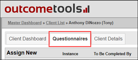 Screenshot showing Questionnaires tab