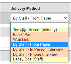 Screenshot showing Delivery Method dropdown