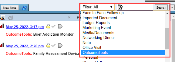 Activity Log filtered for OutcomeTools