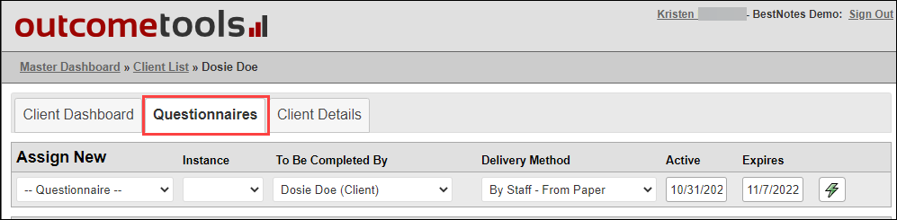 Questionnaires tab selected