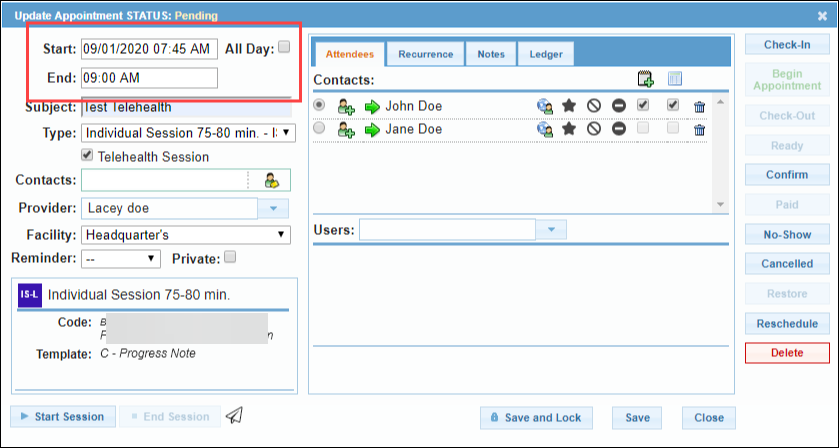 Screenshot showing date and time adjustment fields in an appointment.