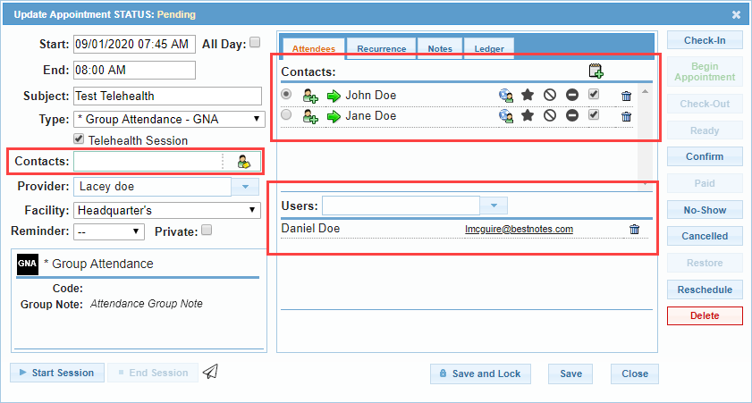 Screenshot showing fields to add contacts and users to an appointment.